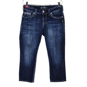 Silver Suki Capri Jeans Size 26 26X20 Blue Sequins Button Back Pockets